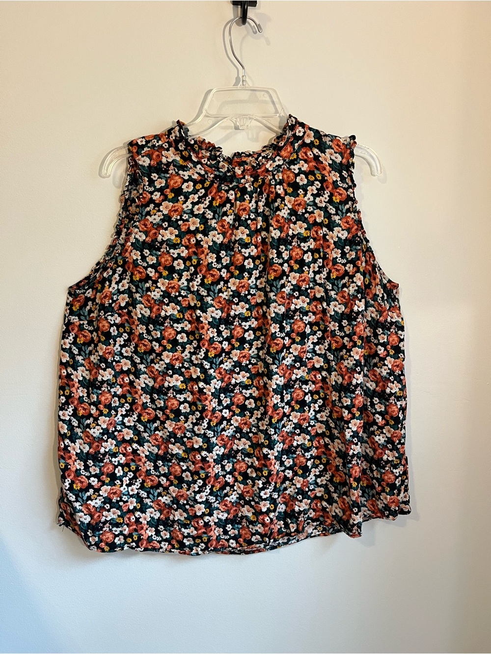 TORRID Black & Orange Floral Sleeveless Ruffle-Neck Blouse